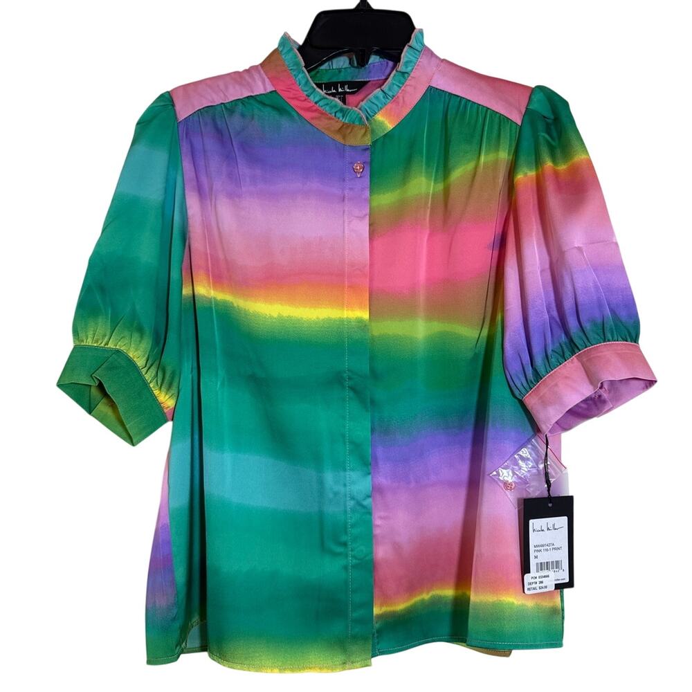Nicole Miller Medium Rainbow Colored, Short Puff Sleeve Hidden Button Up Blouse